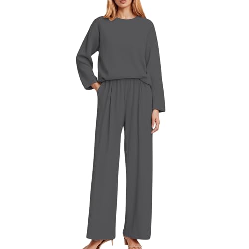 Vêtement de nuit ample tricoté couleur pure pour femme manches longues et pantalon
