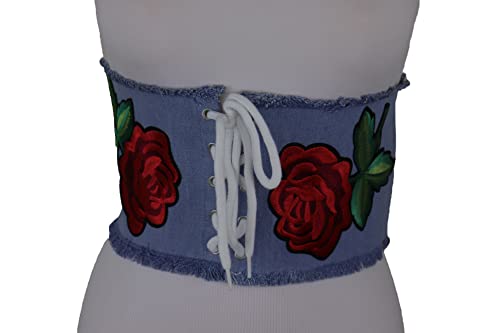 Women Fashion Wide Waistband Light Blue Denim Fabric Corset Belt High Waist Red Rose Flower M/L3