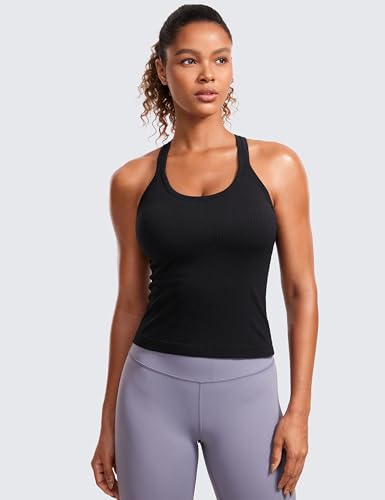 CRZ YOGA Seamless Ribbed Womens Tank Top Racerback Camisoles with Built in Bra Padded Scoop Neck Athletic Workout Slim Cami2