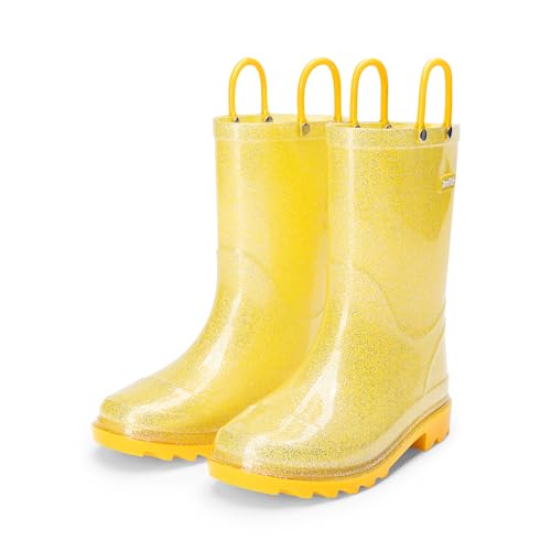 DREAM PAIRS Kids Rain Boots Glitter Boys Girls with Easy-on Handles Sparkly Waterproof Boots Outdoor Playing Rain Boots Unisex-Child 7 Toddler Yellow