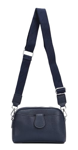 ITALYSHOP24 Damen Tasche Crossbody Umhängetasche Bodybag Schultertasche Metallic Handytasche Crossover Kunstleder Handtasche Reise Dunkelblau