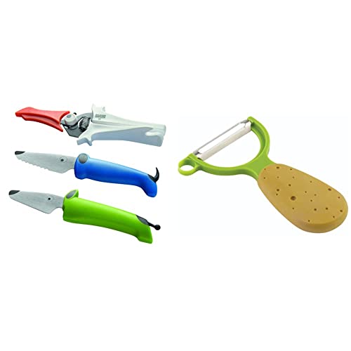 Image of KUHN RIKON kinderkitchen Children's Essential Set, White/Blue/Green & 20401 Straight Veggie Peeler, Potato Design, Brown/Green, 1.3x7.2x13 cm