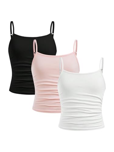 Image of SOLY HUX Girl's Tank Tops 3 Packs Cute Ruched Spaghetti Strap Camisole Slim Fit Undershirts