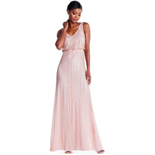 Adrianna Papell Women's Beaded V-Neck Blouson Gown, Blush, 14