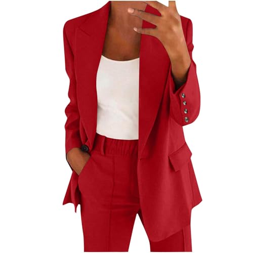 Richymfa Tailleur Mujer Elegante Curvy Dos Piezas Tailleur Pantalones de Mujer Abierto Delante Business Blazer Slim Fit Trajes de Pantalones Tallas Grandes con Completo Pantalón/Falda, rojo, Large