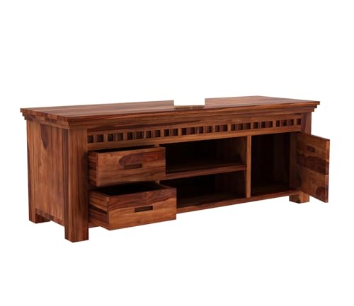 Image of Solid Sheesham Wood TV Unit for Living Room: 2 Drawers, 2 Shelves, and 1-Door Storage | TV Stand | TV Cabinet with Open & Close Storage for Living Room and Hotel Furniture | (Honey Finish)