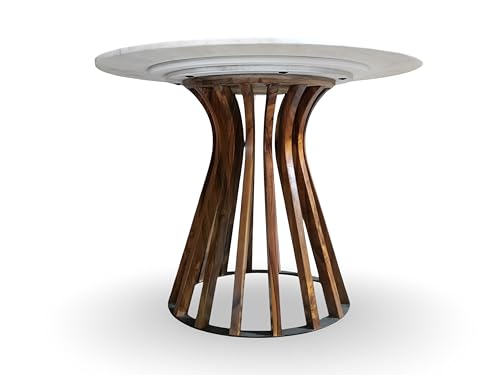 Image of Round Dining Table | Quartz White Marble Top with Natural Wood Finish | 4-Seater Modern Table for Dining Room - Chair not Included (Honey Finish)