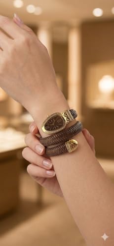 Image of Snake Wrap Watch for Women | Gold Plated Stainless Steel Bracelet Watch | Brown Leather Strap | Quartz Analog | Crystal Accent Dial