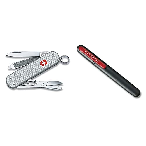 Victorinox 0.6221.26 Alox- Navaja suiza 5 funciones, color plateado & Dual One Size Afilador de cuchillos fabricado en madera y color negro/rojo