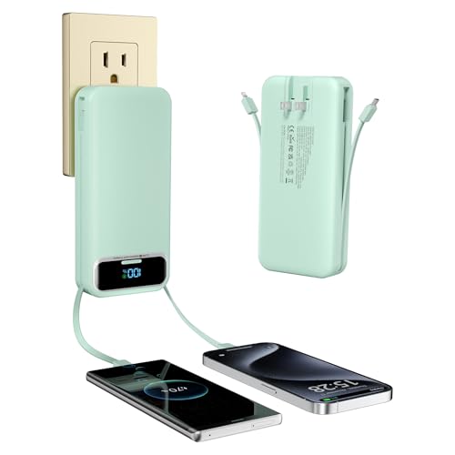 Portable-Charger Power-Bank with Built-in Cables & AC Wall Plug - 20000mAh PD 20W Fast Charging for iPhone,Android, USB-C,Rechargeable External Battery Pack for Cell Phone,Type C cords,Trave