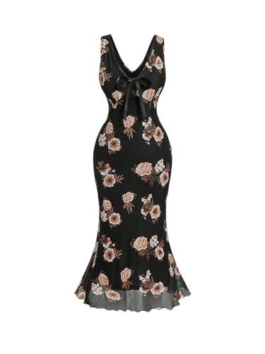 Image of Verdusa Women's Plus Size Floral Mesh Bodycon Fishtail Wedding Guest Dress Deep V Neck Sleeveless Dress