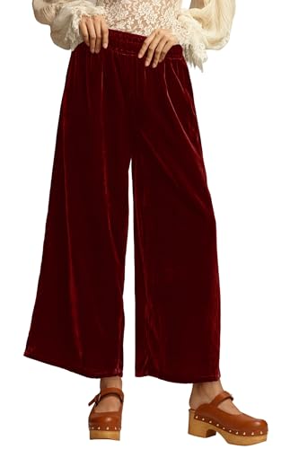 Women's Velvet Pants High Elastic Waist Wide Leg Long Pants Casual Lounge Palazzo Pant Vintage Loose Fit Trouser Red