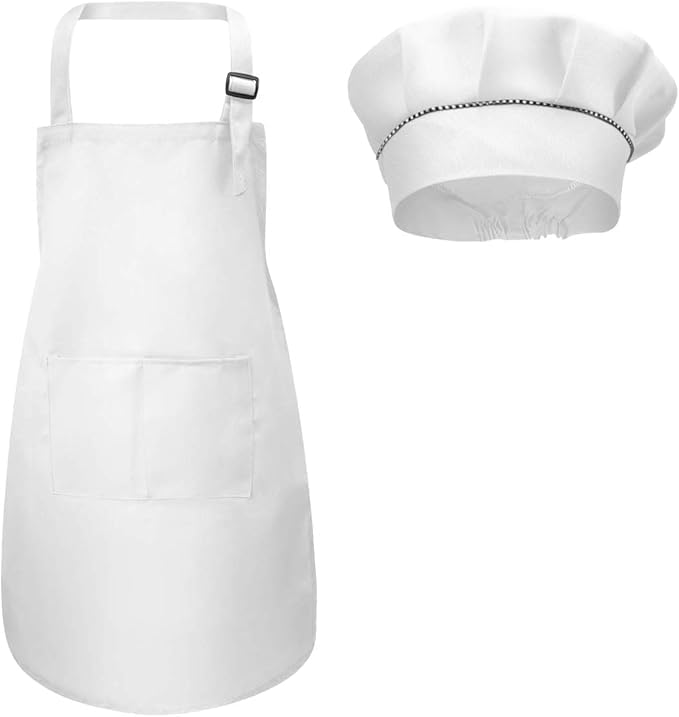 Fodlon Tablier Enfant + Chapeau de Chef, Tablier de Cuisine Réglable Pour Enfants Avec Poches Pour la Cuisson au Four Peinture 4-12 ans (rouge, L) (Blanc)
