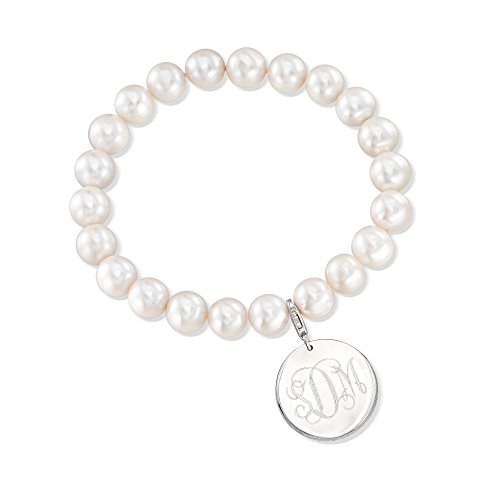 Ross-Simons Monogram Sterling Silver Disc Charm On 8-8.5mm Cultured Pearl Bracelet. 8 inches
