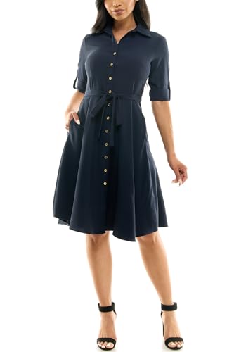 Image of Sharagano Women's Pleated Shirt Dress - 3 /4 Sleeve, V-Neck, Gold Buttons