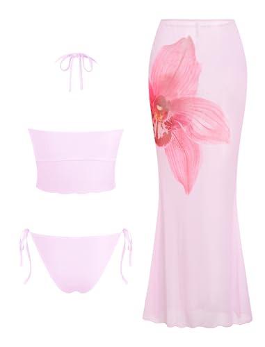 Image of ZAFUL Women 3 Piece Bikini with Cover Up Skirt Halter Bandeau Swimsuit Floral Tie Side Cheeky Bathing Suit