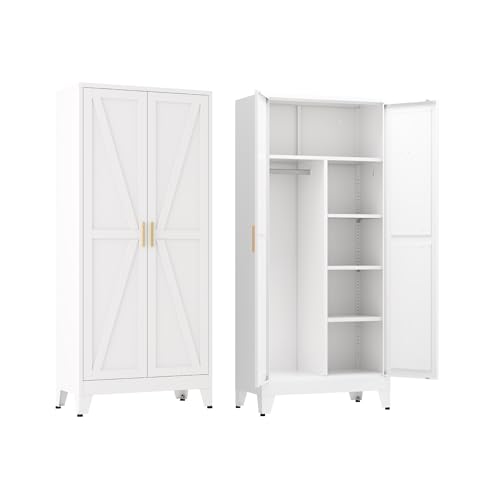 Metal armoire Wardrobe Closet with Hanging Rod,71'' Metal Wardrobe Cabinet with 2 Doors and 4 Adjustable Shelves, Bedroom armoires,Laundry Room cabinets,armario de ropa Closet(Modern, White)