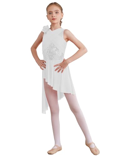 [Raenseen] Girls Ballet Lyrical Latin Modern Contemporary Dance Costume Sleeveless Irregular Leotard Dress  14