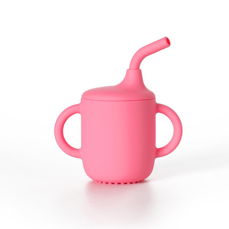 Baby Sippy Cup, Silicone Training Straw Cup for Toddlers, Unbreakable, Spill Proof and Non-Slip Handles Sippy Cup for Infant Boys and Girls, 6 Months+ (Natural), 175ml (Pink)