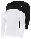 Runhit 2 Pack Mens Long Sleeve Compression Top, Crew Neck Sports Base Layer Shirts UPF 50+ UV, Quick Dry Men's Undershirt for Motorcycle Rugby, Black+White L