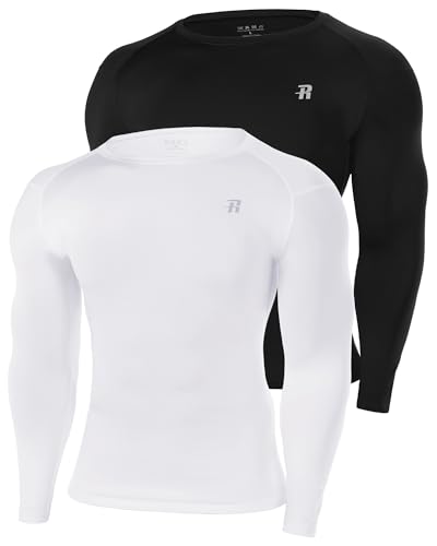 Runhit 2 Pack Mens Long Sleeve Compression Top, Crew Neck Sports Base Layer Shirts UPF 50+ UV, Quick Dry Men's Undershirt for Motorcycle Rugby, Black+White XXL