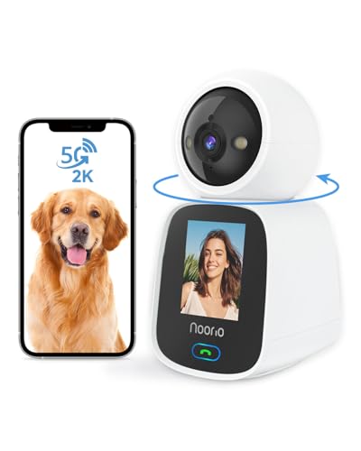 Noorio 5G Telecamera wifi interno, 2K Videocamera di Sorveglianza, Telecamera Cani con Schermo e Funzione Pan/Tilt, Un Clic Chiamata Video Bidirezionale, Monitor Anziano Bambino