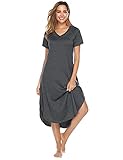 Nieery Nachthemd Damen Kurzarm Schlafshirt Lang Sommer Nachtkleid Baumwolle Sleepshirt V-Ausschnitt Nachtwäsche Große Größen Lässig Strandkleid mit Taschen Dunkelgrau M