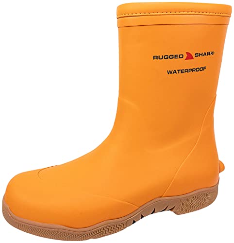 RUGGED SHARK Men's Great White Fishing Boots, Waterproof Deck Boots, Comfortable No-Slip Sole, Orange, Men's Size 9M