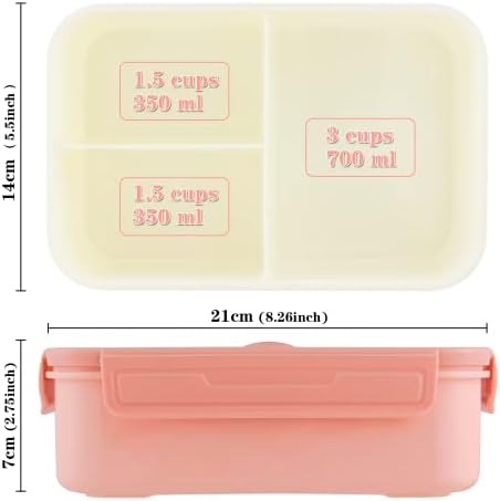 Uliya Bento Lunch Box Adults Kids 1400ML Containers with 3 Compartments Sandwich Box Leakproof BPA Free Bento Box with Spoon Fork Set for Work School Microwave Dishwasher Freezer Safe, Pink
