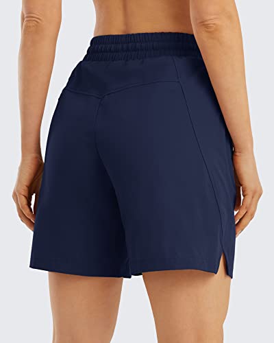 Promover Athletic Shorts For Women 7 Inch Inseam Elastic Waist Shorts Quick Dry Hiking Golf Wrkout Shorts With Zipper Pockets (Dark Blue, M) #TOP5