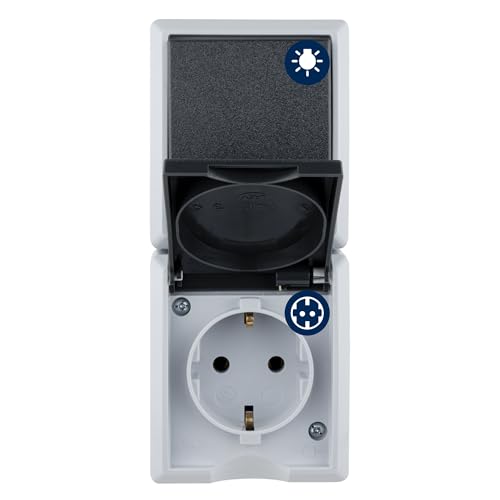 REV AquaForm Lichtschalter mit Steckdose IP44 einpolig Aufputz senkrecht grau