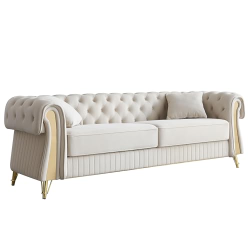 Image of KEIKI 89 inch Chesterfield Velvet Button Tufted Sofa with High Density Foam Cushions and 2 Toss Pillows, Modern Style 3-Seater Couch with 4 Gold Metal Leg, Easy Assembly, for Living Room, Apartment, Beige