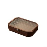Scatola portaoggetti decorativa vintage in legno massello con forma ottagonale e coperchio in vetro a forma di fiore di begonia per organizzare piccoli accessori su toeletta o scrivania (L)