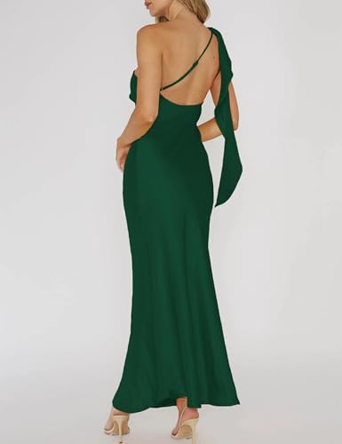 Image of 2026 Satin One Shoulder Maxi Dress for Women Summer Silk Formal Elegant Backless Ruffle Sleeveless Wedding Guest Dresses
