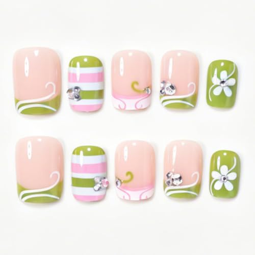 Image of Green White Press on Nails Stripe Fake Nails Short Square Nails Press ons | Flower False Nails with Rhinestone Design French Tip Stick on Nails for Women Reusable Glossy Full Cover Manicure 24Pcs