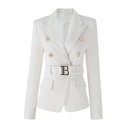 Alloaone Women White Texture Blazer With Belt Chic Popular Quality Bodycon Coat