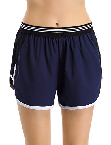 WESTECHO 2 in 1 Athletic Sport Shorts for Women Quick-Dry Workout Shorts High Stretchy Low-Friction Fitness Shorts Double Layer Active Gym Sport Shorts Wide Waist Hot Yoga Shorts Navy Blue,Medium