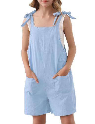 Image of Girls Romper Sleeveless Adjustable Tie-Up Strap Short Jumpsuits Summer Clothes with Pocket 5-12 years
