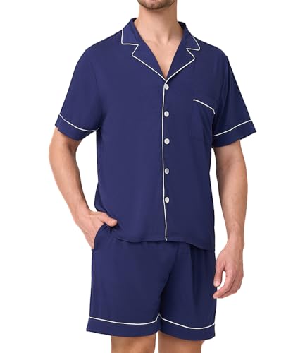 BAMBOO COOL Mens Pajama Set Summer Cooling Pjs Button Down Shirts Short Sleeves, Lightweight Loungewear Pijama with Pockets