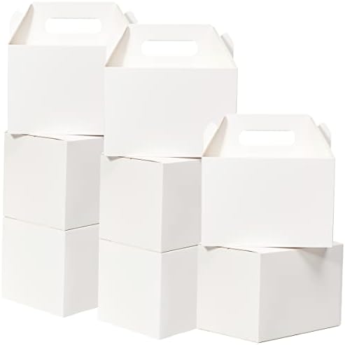 Shallive 25 Pcs Large Treat Boxes 9x6x6 Inch White Gable Gift Boxes with Handle Kraft Lunch Boxes Recycled Paper Gift Bags Take Out Cookie Boxes Welcome Boxes Candy Bags For Wedding Baby Shower Birthday Party Supplies