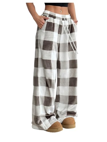 SOLY HUX Women's Plaid Pants Y2k Drawstring Wide Leg Baggy Pants Long Trousers with Pockets4
