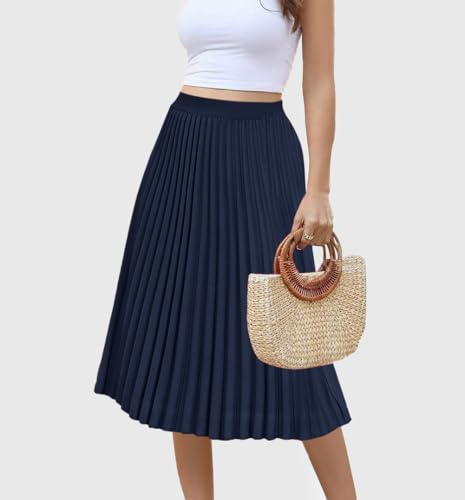 Women's Midi Skirt Elastic High Waist Pleated Skirt Knee Length Swing A-Line Casual Flowy Skirts 20253