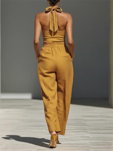 Enterizo de mezcla de lino amarillo mostaza para mujer casual 4