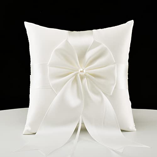 ATAILOVE Wedding Ring Pillow, Fairy Pearl Ivory Ring Bearer Cushion for Wedding Party 8'' x 8''