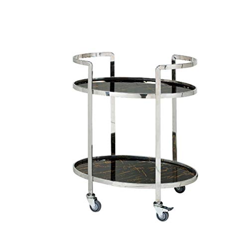 HHUT Rolling Trolley Cart Kitchen Trolley Cart Rolling Serving Carts Utility Cart 2 Tier Storage Shelf With Glass Holder Serving Trolley (Color : Stainless steel+stone-like panel)