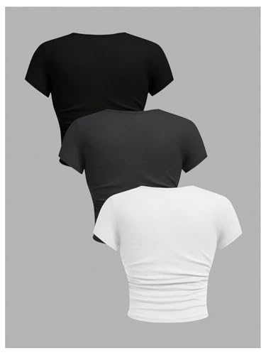 Image of SOLY HUX Girl's Basic Crop Top Set Crew Neck Short Sleeve T-Shirts 3 Packs Casual Summer Fitted Tees