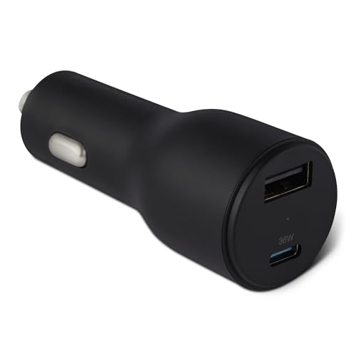 Caricabatterie da auto a ricarica rapida Amazon Basics, doppia porta, 1 USB-C+1 USB-A, 48 W, nero