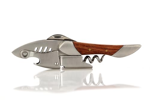 Qpractiko | Cavatappi a forma di squalo | Acciaio inox, manico in legno | Spirale rinforzata, lama curva per sega, apribottiglie integrato | Design ergonomico, estrazione facilitata