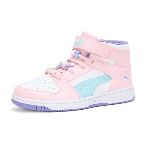 PUMA Rebound Layup Mid Hook and Loop Shoes Sneaker, White-Whisp of Pink-Light Aqua SS25, 3.5 US Unisex Little Kid