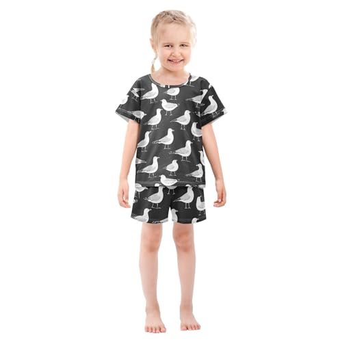 ALAZA Seagull Black Pajamas Set Short Sleeve Cotton Sleepwear Summer Pjs 2 Piece 5-14Y3